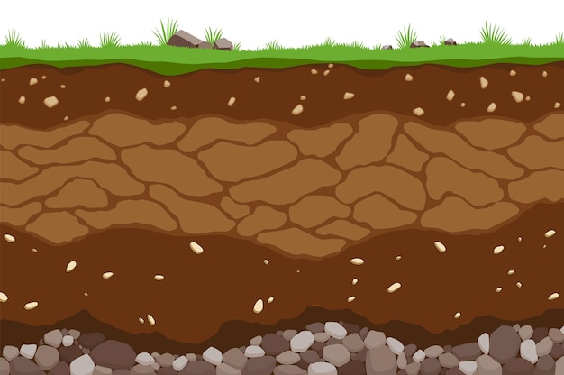 Vetor horizontes de superfície das camadas do solo. estrutura da terra com uma mistura de matéria orgânica e pedras. plano de fundo paleontológico de desenho animado. geologia ilustrativa.