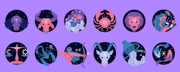 Horóscopo Signo zodíaco astrologia emblemas redondos Forma câncer Áries Escorpião e Aquário Icon calendário decoração adesivo estrela do céu Elemento esotérico mágico Desenho vetorial ilustração de desenho animado