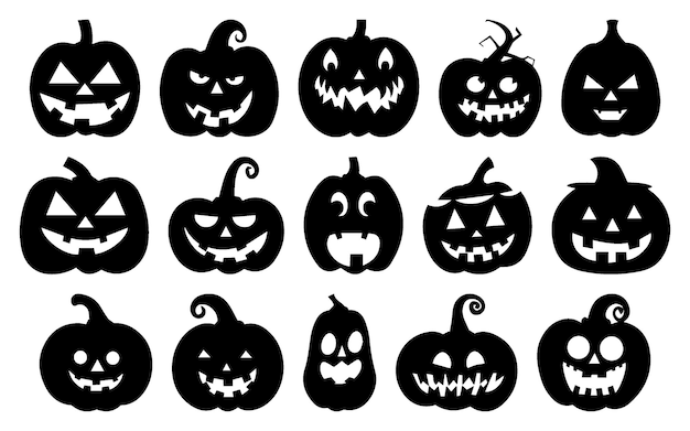 Horror Pumpkin Faces Silhouette Set Halloween JackOLantern Collection Ícones vetoriais pretos isolados em fundo transparente Ideais para decorações de festas de outubro e ilustrações de Ação de Graças