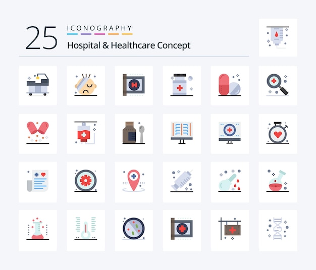 Hospital healthcare concept 25 flat color icon pack, incluindo bússola, radiologia médica, coração, caridade