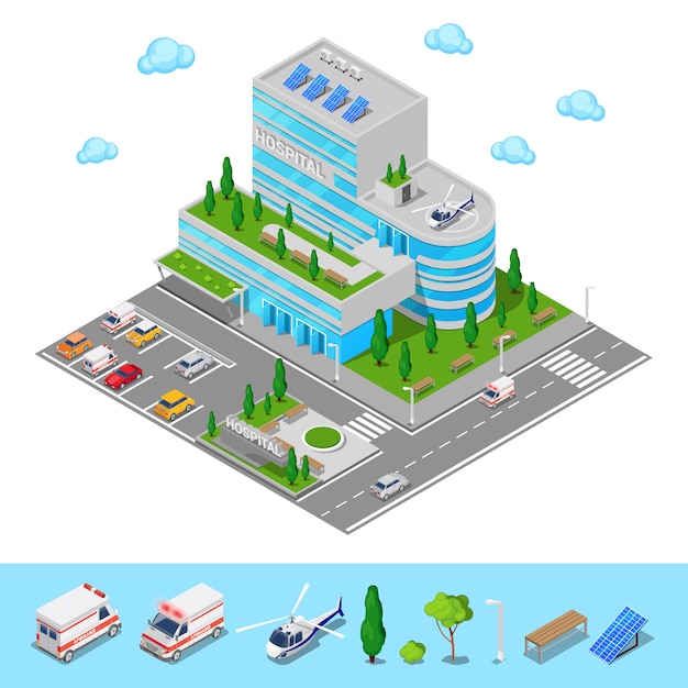 Hospital isométrico. Edifício moderno do centro médico. Ilustração vetorial