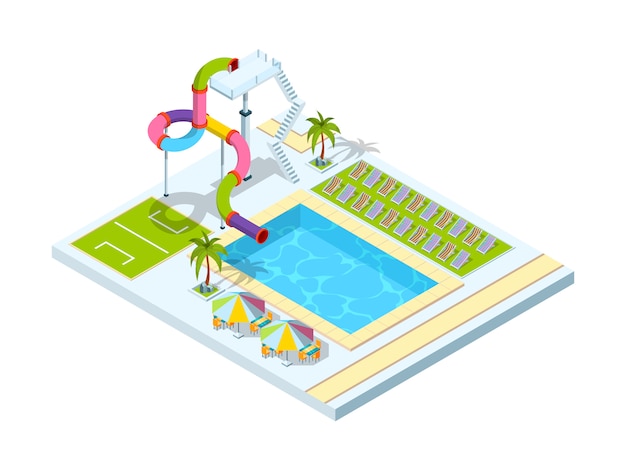 Vetor hotel com piscina. ilustrações isométricas da área de recreação resort férias parque do toboágua