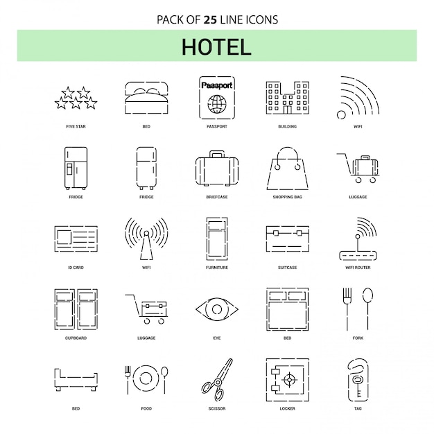 Hotel line icon set - 25 estilo de estrutura de tópicos