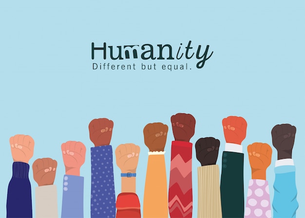 humanidade diferente, mas igual e diversidade mãos para cima com design de sinalização de punho, pessoas, raça multiétnica e tema comunitário