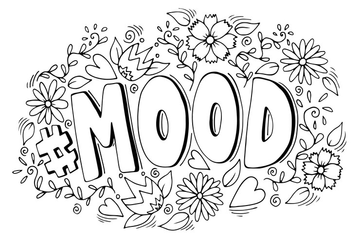 Vetor humor de hashtag escrito à mão com corações de doodle e ilustração em vetor preto e branco de elementos florais