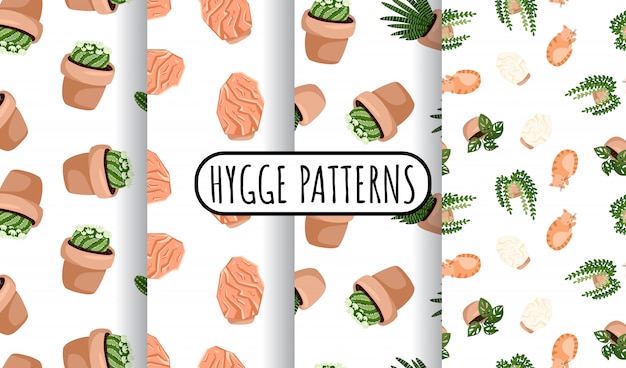 Hygge conjunto de plantas suculentas em vasos e padrões sem emenda de lâmpadas de sal do himalaia. estilo escandinavo acolhedor lagom