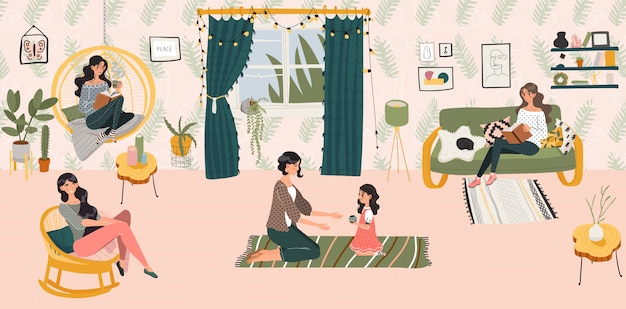 Hygge o conceito home, as mulheres e a menina siiting na sala escandinava do estilo que passam o tempo na ilustração home acolhedor.