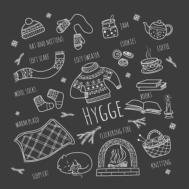 Hygge, um conjunto aconchegante e aconchegante de itens no estilo doodle.