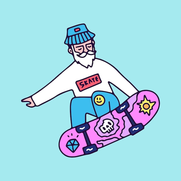 Hype barbudo velho estilo livre com skate, ilustração para t-shirt, adesivo.