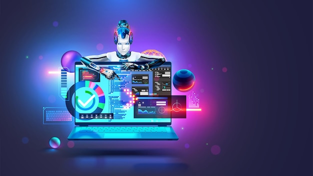 IA ajuda programador a criar software Programa de codificação de rede neural texto Inteligência artificial em imagem Robô ciborgue ajuda o programador a criar software Desenvolvimento de software com chatbot de IA