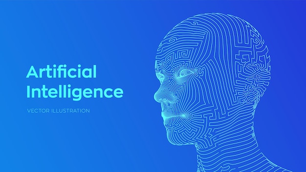 IA. Conceito de inteligência artificial. Ai cérebro digital. Rosto humano digital abstrato. Cabeça humana na interpretação do computador digital do robô. Conceito de robótica. Conceito de cabeça de arame. Ilustração vetorial.