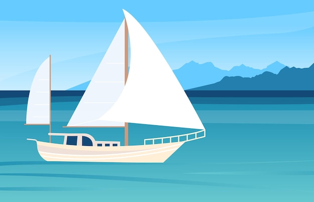 Iate branco no mar azul e montanha paisagem de viagem de natureza Aventuras oceânicas navio plano ou barco na água Descanso e transporte plano fundo vetor decente