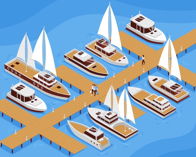 Iates à vela e barcos a motor e pessoas passando ao longo do cais ilustração isométrica 3D