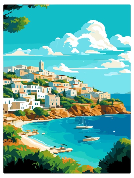 Vetor ibiza espanha poster de viagem vintage souvenir cartão postal retrato pintura ilustração wpa