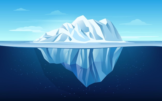 Iceberg de desenho animado growler flutuando no oceano parte subaquática do iceberg e ponta ilustração de fundo vetorial de navio de gelo gigante