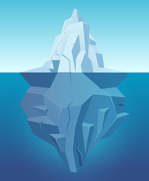 Iceberg no oceano. Grande rocha branca de gelo na paisagem polar de água na natureza ao ar livre de estilo cartoon.