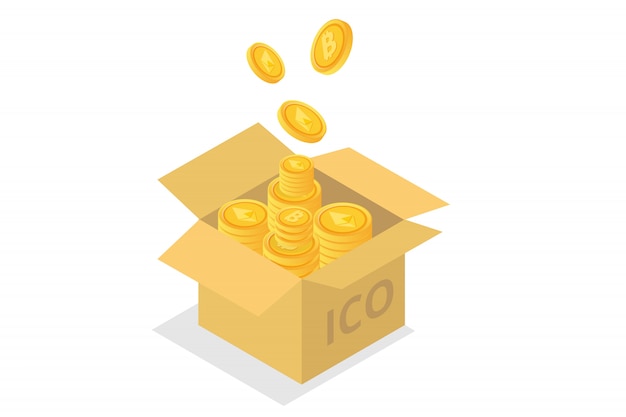 Ico conceito, oferta inicial de moedas. ilustração.