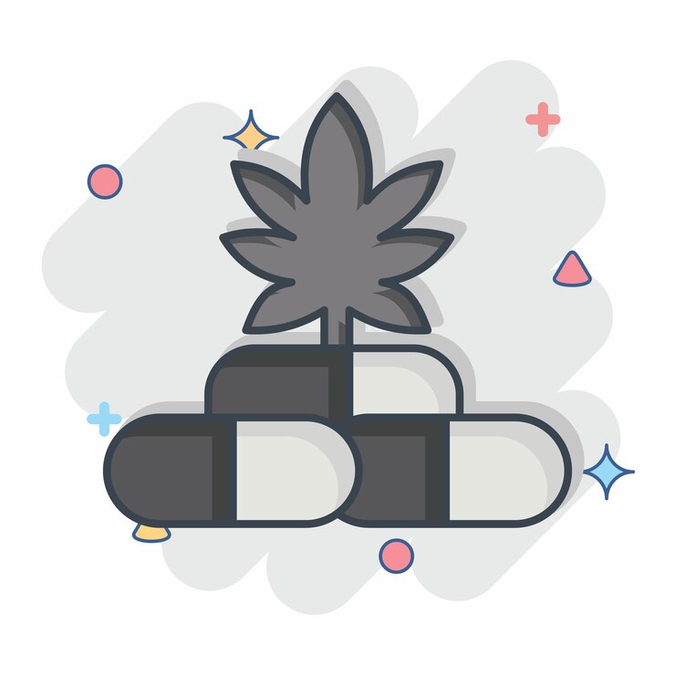 Vetor icon capsulas de cbd relacionadas ao símbolo de cannabis estilo cômico design simples