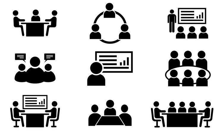 Vetor icon de reunião de pessoas conjunto de reuniões de negócios apresentação de marketing tem tabela de gestão de finanças de trabalho