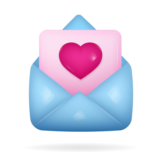 Vetor Ícone 3d de envelope azul aberto com página em branco e coração rosa nele carta de amor nova mensagem