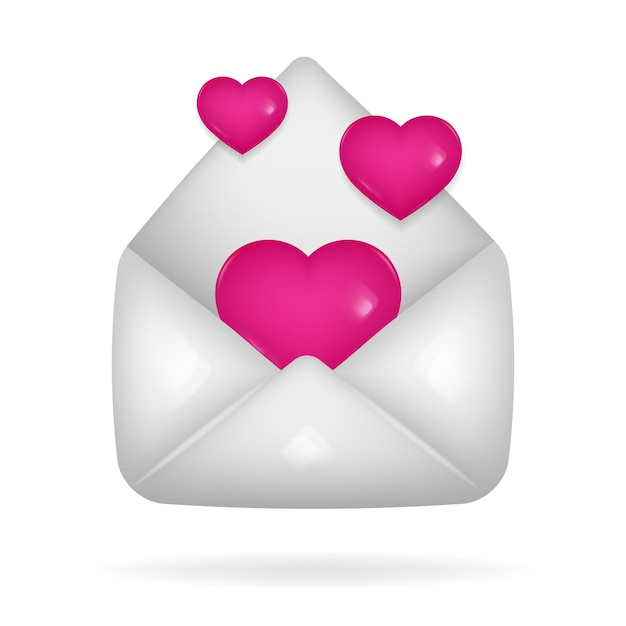 Vetor Ícone 3d de envelope branco aberto com corações cor-de-rosa voando para fora dele carta de amor nova mensagem