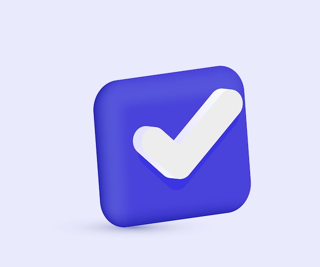 Ícone 3D realista marca de verificação roxa isolada no projeto vetorial