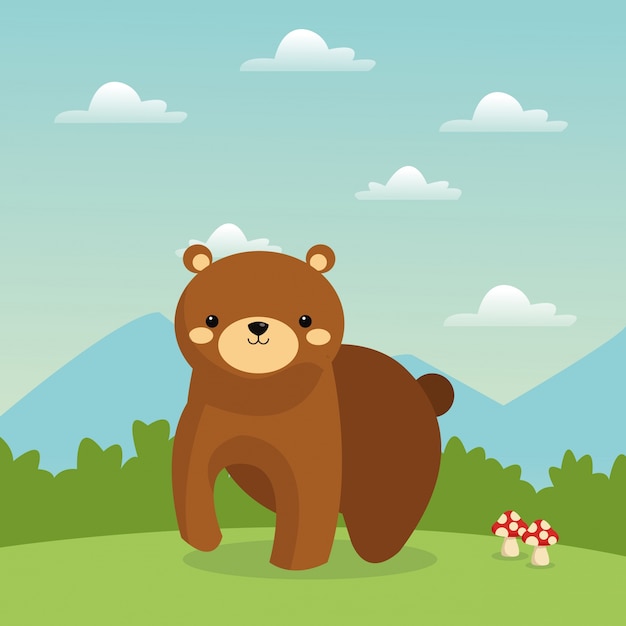 ícone bonito dos desenhos animados do urso sobre a paisagem