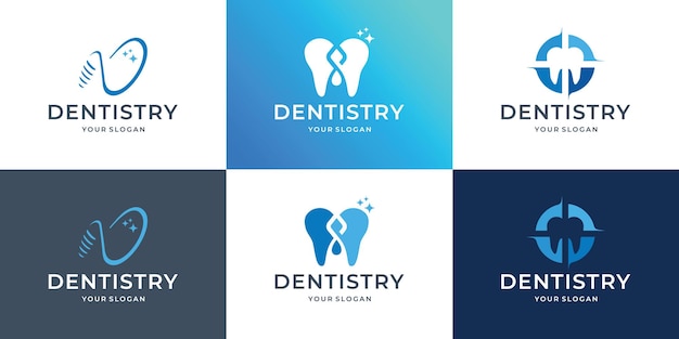 Icone bundle de odontologia cuidados odontológicos design de logotipo de dentista com fundo de cor azul e branco