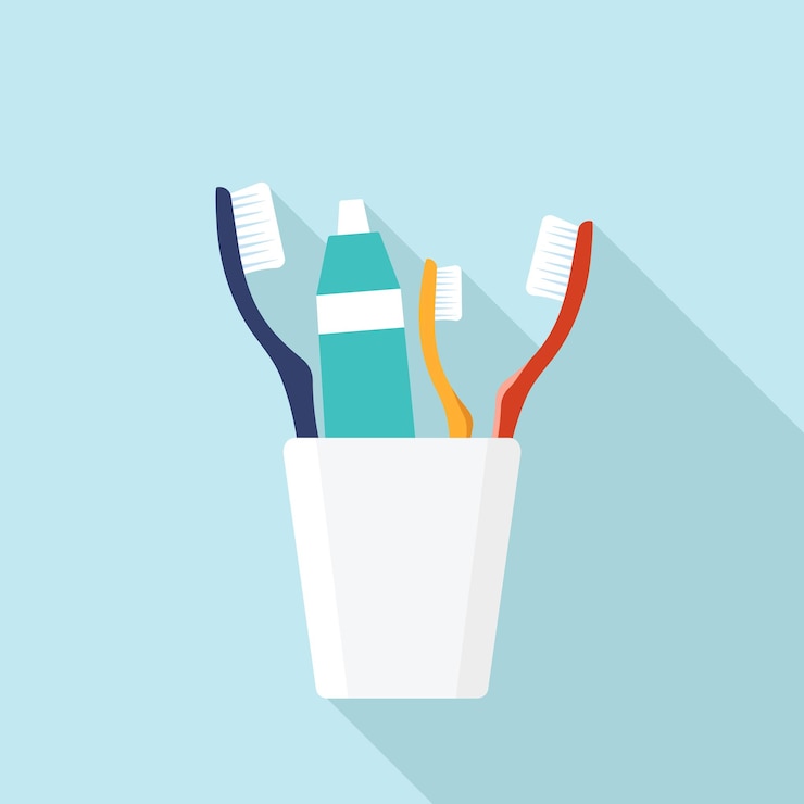 Vetor ícone com pasta de dentes de escovas de dentes para adultos, crianças em um copo com sombra isolada em uma ilustração plana