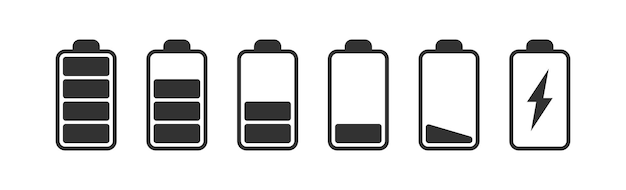 Ícone da bateria Sinal de energia de carga Potência elétrica total Barra de nível do acumulador Ilustração vetorial