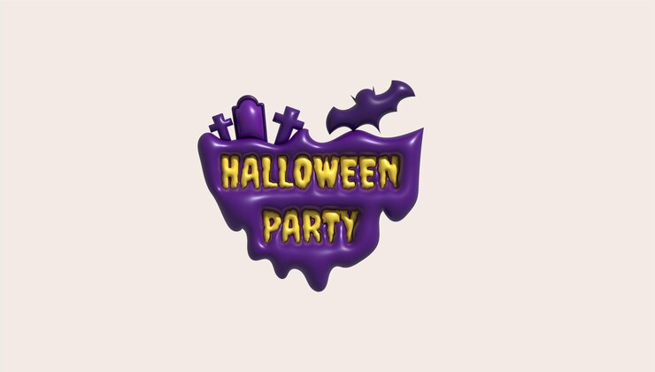 Vetor ícone da ilha de ilustração 3d com texto de festa de halloween e no topo estão túmulos, túmulos e morcegos
