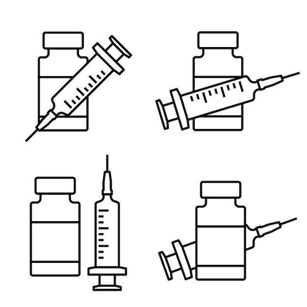 Vetor Ícone da linha de vacina contra o coronavírus. seringa com sinal de frasco. frasco de vacina médica com símbolo de seringa. estilo linear, vacinação contra coronavírus. traço editável. conceito de imunização. vetor