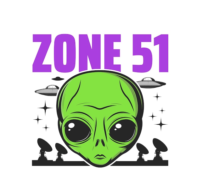 Ícone da zona 51, atividade alienígena e teoria da conspiração de ovnis, sinal do vetor humanóide. emblema americano ultrassecreto da zona 51 de experimentos alienígenas, abdução marciana e símbolo da área de atividade paranormal