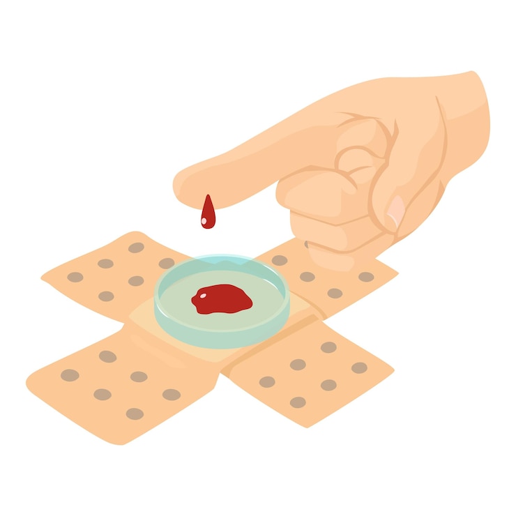 Vetor ícone de análise de sangue vetor isométrico dedo com gota de sangue e ícone de placa de petri conceito de prevenção laboratorial