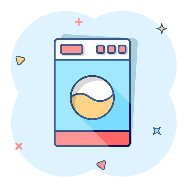 Ícone de arruela de desenho vetorial em estilo cômico ilustração de sinal de lavadeira pictograma conceito de efeito de respingo de negócios de máquina de lavar