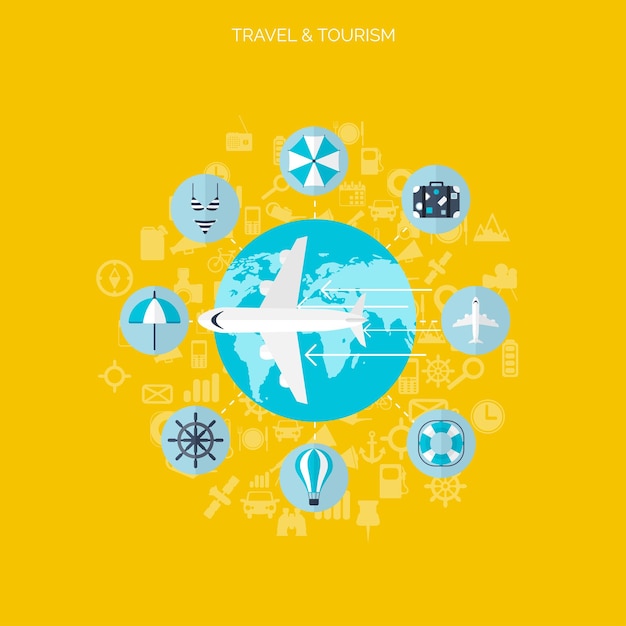 Ícone de balão mundo conceito de viagem fundo ícones planos turismo férias férias mar oceano terra ar