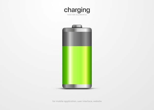 Ícone de bateria verde 3d. carga completa e meia com iluminação. símbolo do processo de carregamento da bateria 3d.