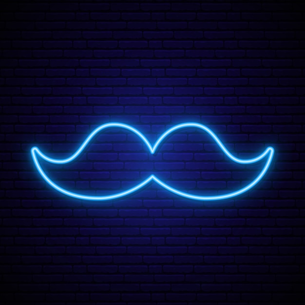 Ícone de bigode azul néon na parede de tijolos escuros