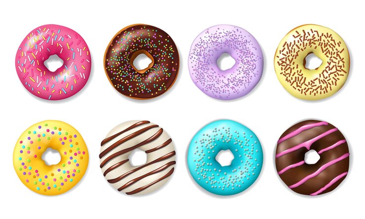 Vetor ícone de bolo de rosquinha realista sobremesas de rosquinha com cobertura de creme de chocolate e granulado padaria pastelaria doce comida café confeitaria e rosquinhas vitrificadas coloridas rosquinhas vetoriais 3d com glacê