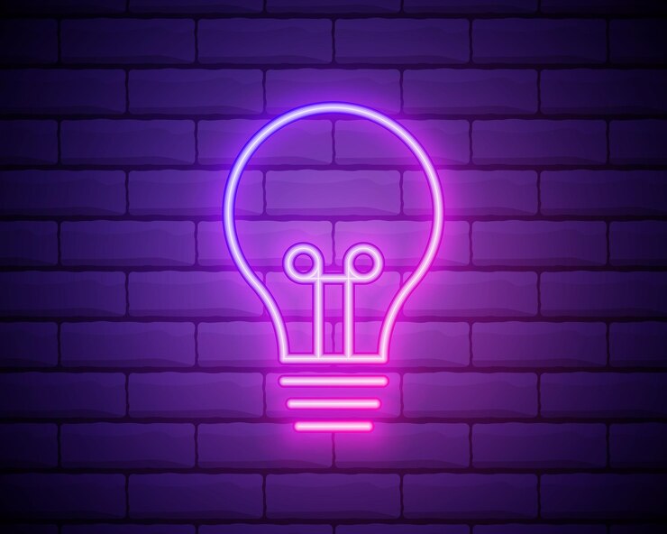 Ícone de brilho de lâmpada de néon brilhante isolado no fundo da parede de tijolo Símbolo de energia e ideia lâmpada elétrica ilustração vetorial