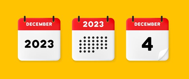 Ícone de calendário dezembro de 2023 4 dias o conceito de esperar por uma data importante calendário com páginas levantadas calendário vermelho isolado em fundo amarelo ilustração vetorial 3d