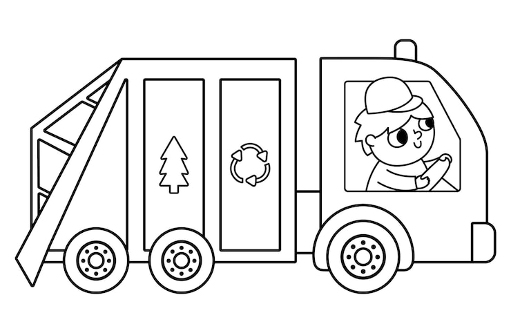 Vetor ícone de caminhão de lixo preto e branco homem dirigindo uma carrinha de lixo com sinal de reciclagem ilustração de carro de lixo de linha conceito de classificação de resíduos proteção ambiental vetorial