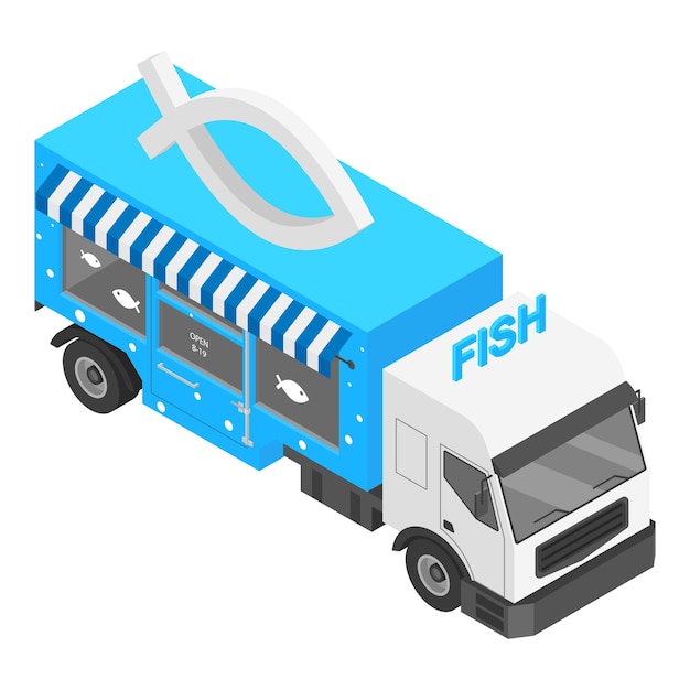 Vetor Ícone de caminhão de loja de peixe isométrico do ícone vetor de caminhão de loja de peixe para web design isolado em fundo branco
