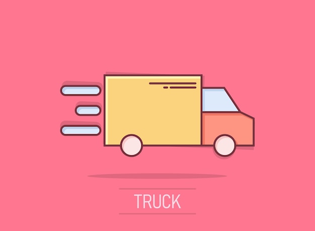 Vetor Ícone de caminhão em estilo cômico ilustração vetorial de desenho animado de entrega de automóveis em fundo branco isolado conceito de negócio de efeito de salpicaduras de automóveis de caminhão