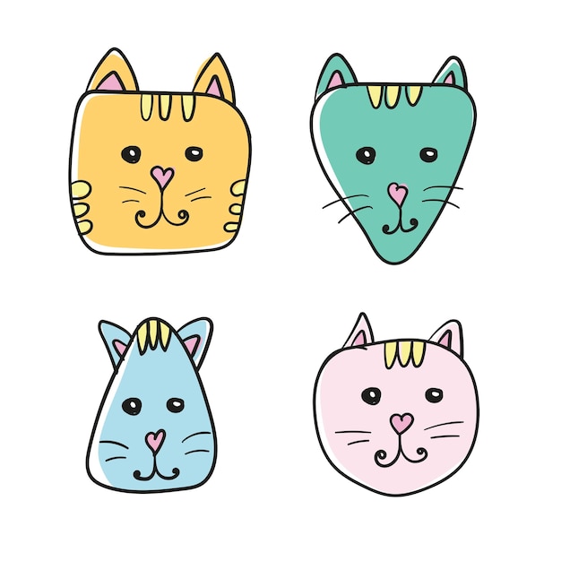 Ícone de cara de gato de desenho animado simples, desenhado à mão. quatro variações de cores. isolado no branco