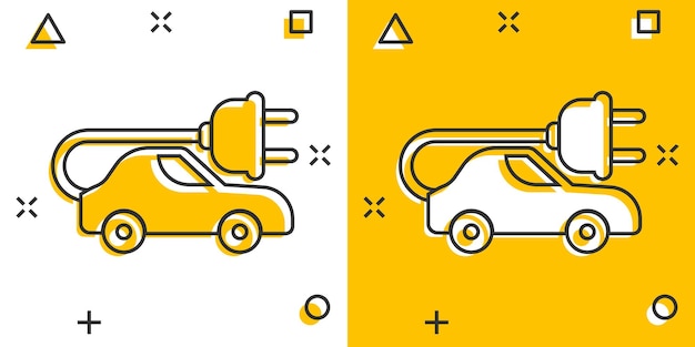 Ícone de carro elétrico em estilo cômico ilustração em vetor de desenho animado elétrico em fundo branco isolado conceito de negócio de efeito de respingo de transporte ecológico