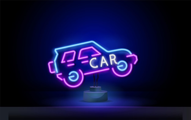 Ícone de carro esporte futurista em estilo neon conceito de neon controle virtual elétrico brilhante tráfego em uma estrada ilustração vetorial vista lateral