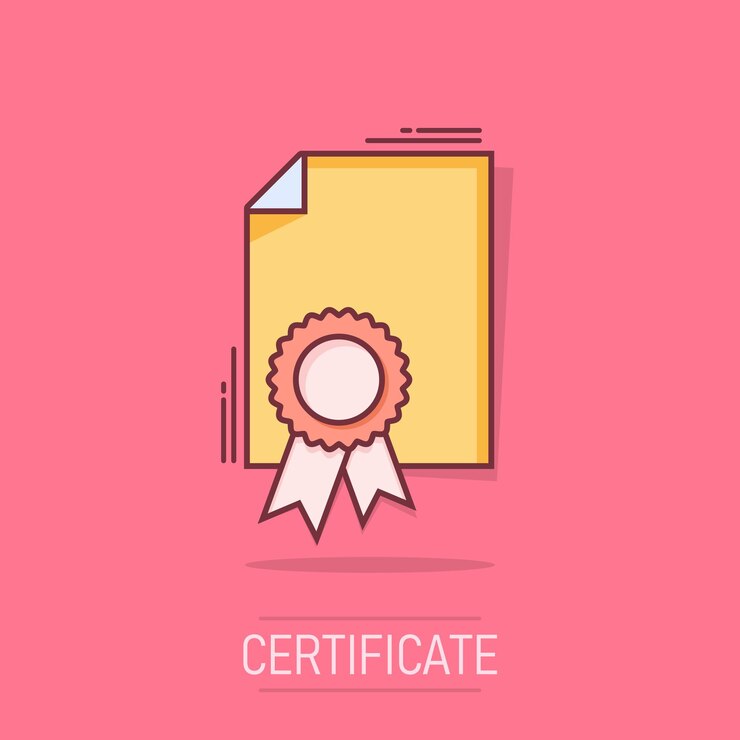 Vetor ícone de certificado de desenho animado vetorial em estilo cômico ilustração de sinal de diploma pictograma de documento de certificado conceito de efeito de salpico de negócios