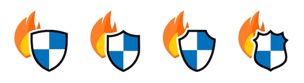 Ícone de chama atrás do escudo, versões diferentes. proteção contra queima ou conceito de segurança contra incêndio