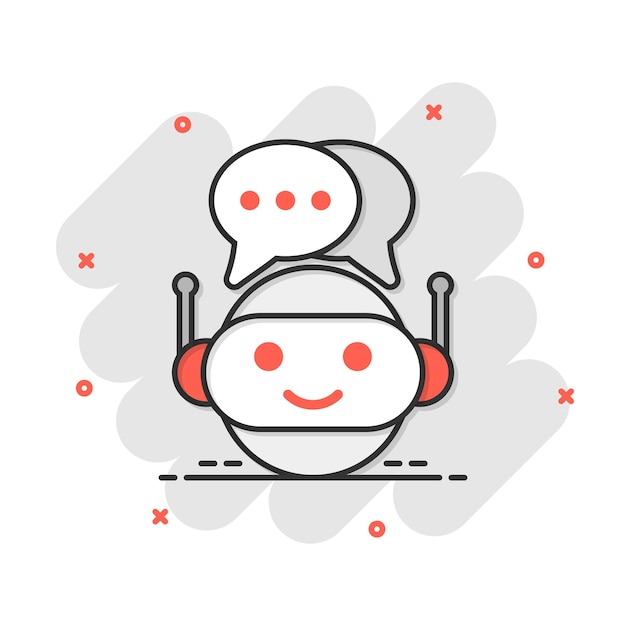 Ícone de chatbot de robô bonito em estilo cômico pictograma de ilustração de desenho animado de vetor de operador de bot pictograma efeito de respingo de conceito de negócio de personagem de chatbot inteligente